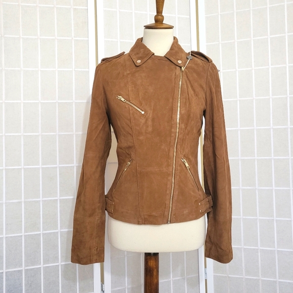 NAF NAF Suede Caramel Brown Biker Jacket NWT 8 - Picture 3 of 12